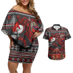 Personalized Bombers Football Christmas Couples Matching Off Shoulder Short Dress and Hawaiian Shirt Australian Football Mascot - Ugly Xmas Pattern Festive