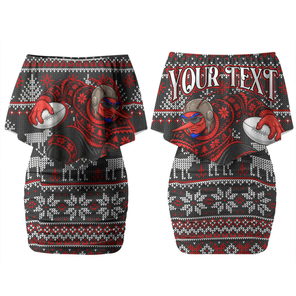 Personalized Bombers Football Christmas Couples Matching Off Shoulder Short Dress and Hawaiian Shirt Australian Football Mascot - Ugly Xmas Pattern Festive