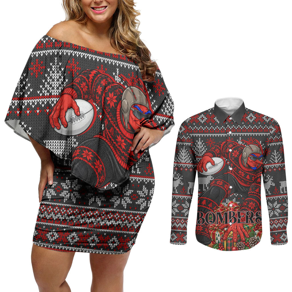 Personalized Bombers Football Christmas Couples Matching Off Shoulder Short Dress and Long Sleeve Button Shirt Australian Football Mascot - Ugly Xmas Pattern Festive
