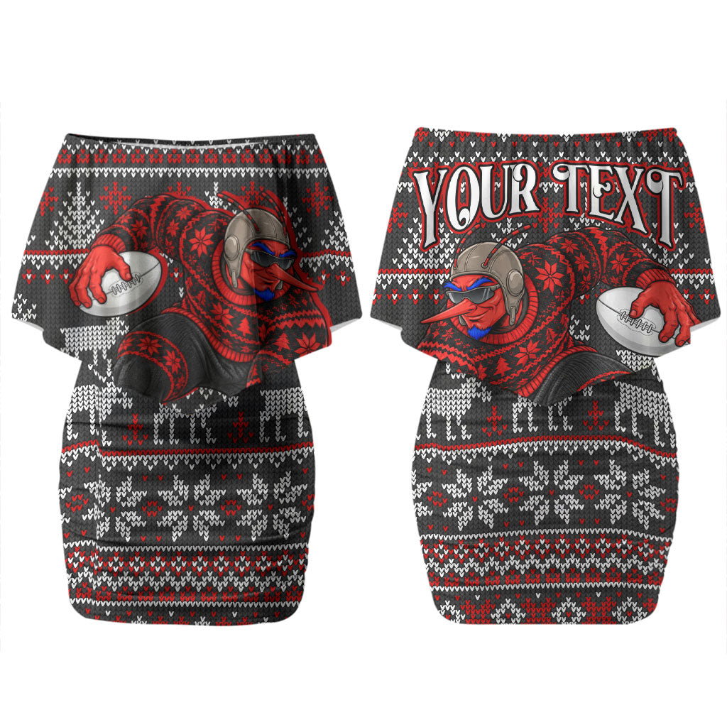 Personalized Bombers Football Christmas Couples Matching Off Shoulder Short Dress and Long Sleeve Button Shirt Australian Football Mascot - Ugly Xmas Pattern Festive