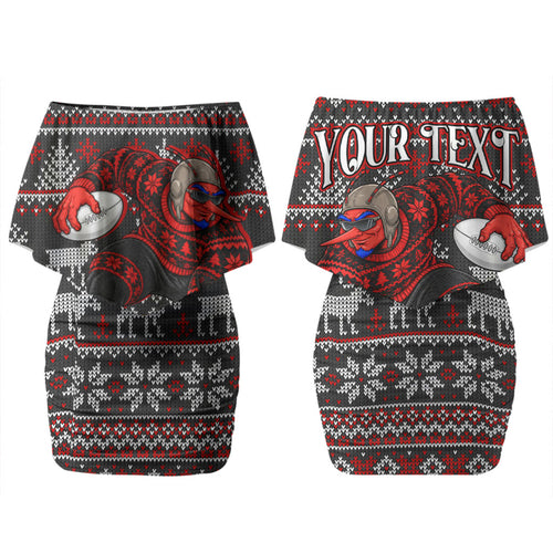 Personalized Bombers Football Christmas Couples Matching Off Shoulder Short Dress and Long Sleeve Button Shirt Australian Football Mascot - Ugly Xmas Pattern Festive