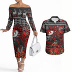 Personalized Bombers Football Christmas Couples Matching Off The Shoulder Long Sleeve Dress and Hawaiian Shirt Australian Football Mascot - Ugly Xmas Pattern Festive