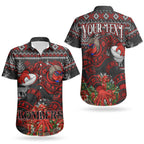 Personalized Bombers Football Christmas Couples Matching Off The Shoulder Long Sleeve Dress and Hawaiian Shirt Australian Football Mascot - Ugly Xmas Pattern Festive