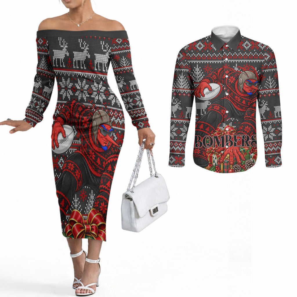 Personalized Bombers Football Christmas Couples Matching Off The Shoulder Long Sleeve Dress and Long Sleeve Button Shirt Australian Football Mascot - Ugly Xmas Pattern Festive
