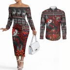 Personalized Bombers Football Christmas Couples Matching Off The Shoulder Long Sleeve Dress and Long Sleeve Button Shirt Australian Football Mascot - Ugly Xmas Pattern Festive