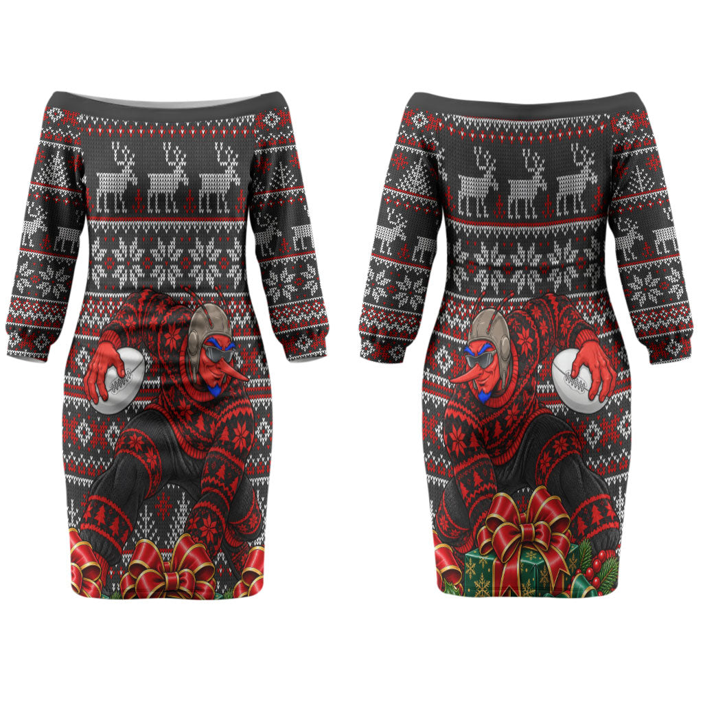 Personalized Bombers Football Christmas Couples Matching Off The Shoulder Long Sleeve Dress and Long Sleeve Button Shirt Australian Football Mascot - Ugly Xmas Pattern Festive