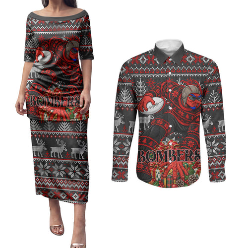 Personalized Bombers Football Christmas Couples Matching Puletasi and Long Sleeve Button Shirt Australian Football Mascot - Ugly Xmas Pattern Festive