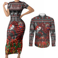 Personalized Bombers Football Christmas Couples Matching Short Sleeve Bodycon Dress and Long Sleeve Button Shirt Australian Football Mascot - Ugly Xmas Pattern Festive
