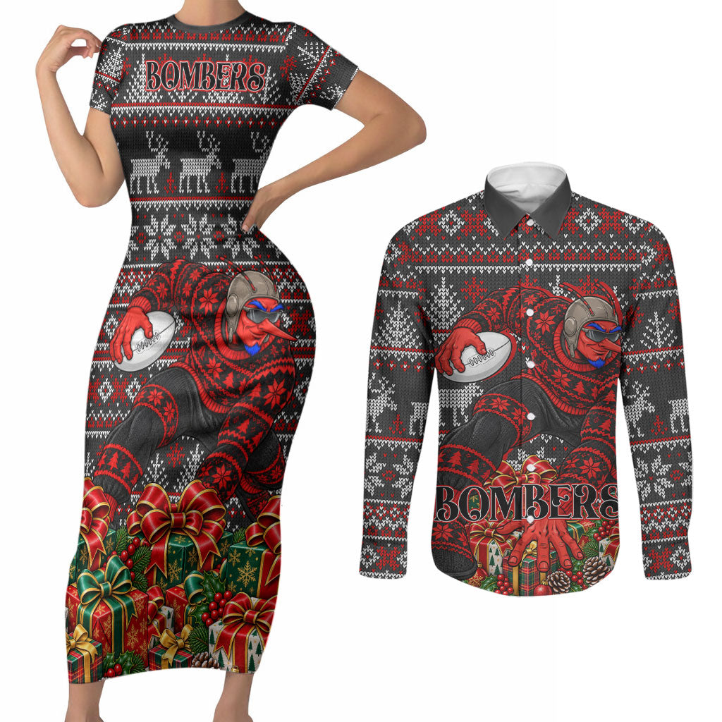 Personalized Bombers Football Christmas Couples Matching Short Sleeve Bodycon Dress and Long Sleeve Button Shirt Australian Football Mascot - Ugly Xmas Pattern Festive