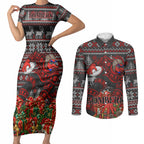 Personalized Bombers Football Christmas Couples Matching Short Sleeve Bodycon Dress and Long Sleeve Button Shirt Australian Football Mascot - Ugly Xmas Pattern Festive