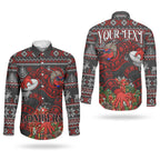 Personalized Bombers Football Christmas Couples Matching Short Sleeve Bodycon Dress and Long Sleeve Button Shirt Australian Football Mascot - Ugly Xmas Pattern Festive