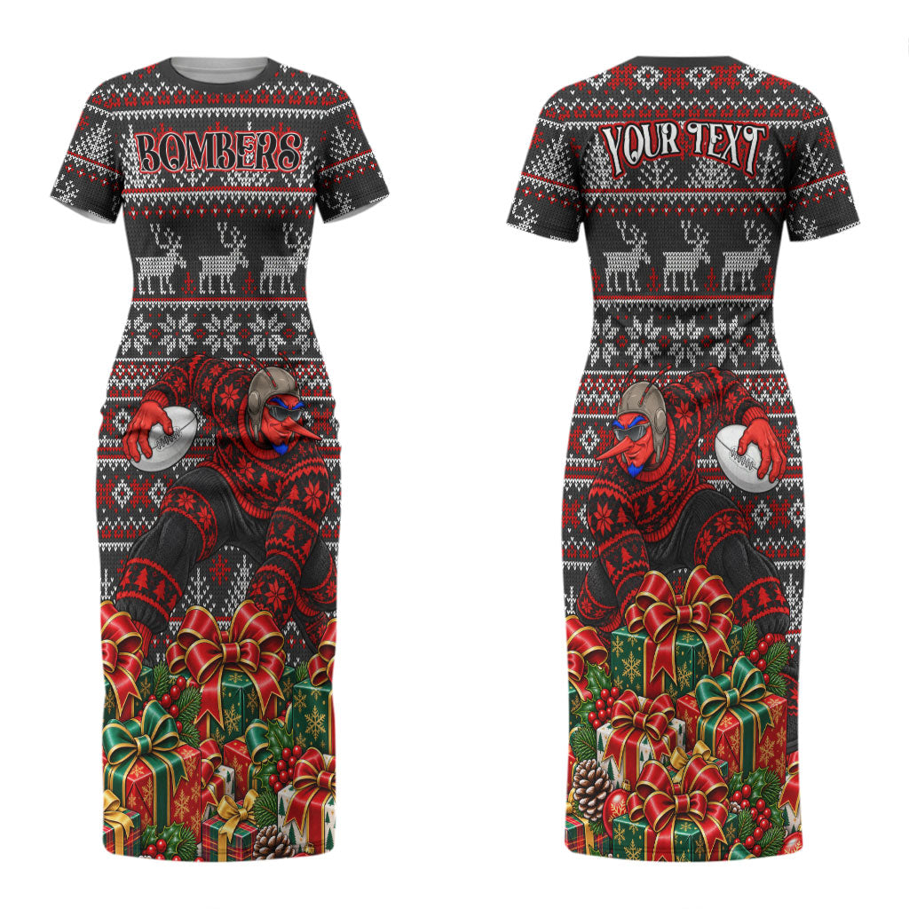 Personalized Bombers Football Christmas Couples Matching Short Sleeve Bodycon Dress and Long Sleeve Button Shirt Australian Football Mascot - Ugly Xmas Pattern Festive