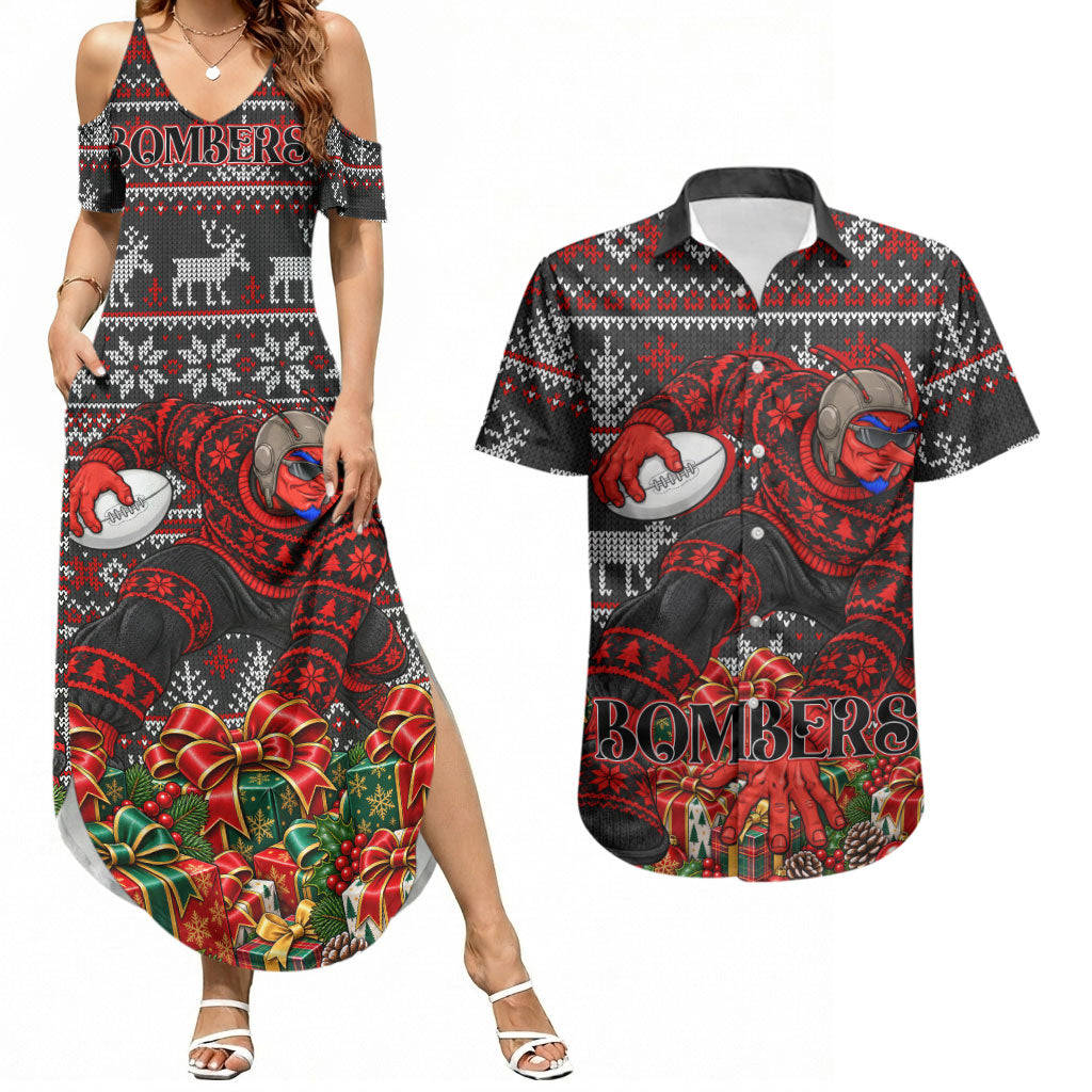 Personalized Bombers Football Christmas Couples Matching Summer Maxi Dress and Hawaiian Shirt Australian Football Mascot - Ugly Xmas Pattern Festive