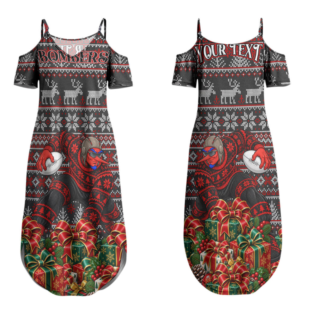 Personalized Bombers Football Christmas Couples Matching Summer Maxi Dress and Hawaiian Shirt Australian Football Mascot - Ugly Xmas Pattern Festive