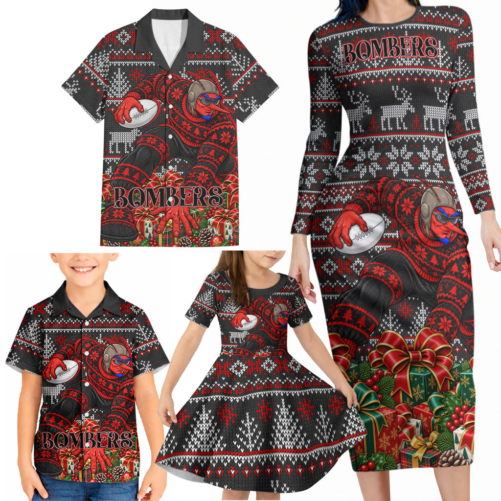 Personalized Bombers Football Christmas Family Matching Long Sleeve Bodycon Dress and Hawaiian Shirt Australian Football Mascot - Ugly Xmas Pattern Festive