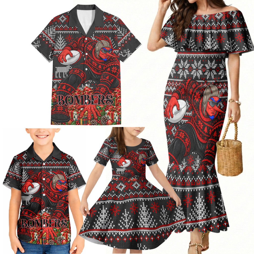 Personalized Bombers Football Christmas Family Matching Mermaid Dress and Hawaiian Shirt Australian Football Mascot - Ugly Xmas Pattern Festive