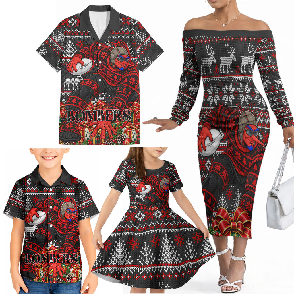 Personalized Bombers Football Christmas Family Matching Off The Shoulder Long Sleeve Dress and Hawaiian Shirt Australian Football Mascot - Ugly Xmas Pattern Festive