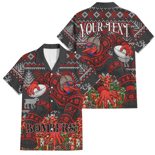 Personalized Bombers Football Christmas Family Matching Off The Shoulder Long Sleeve Dress and Hawaiian Shirt Australian Football Mascot - Ugly Xmas Pattern Festive