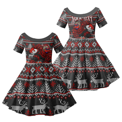 Personalized Bombers Football Christmas Family Matching Off The Shoulder Long Sleeve Dress and Hawaiian Shirt Australian Football Mascot - Ugly Xmas Pattern Festive