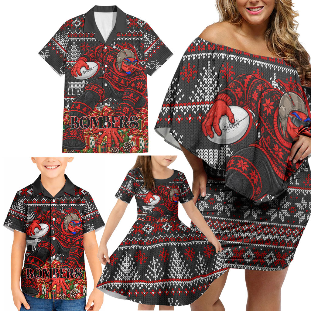 Personalized Bombers Football Christmas Family Matching Off Shoulder Short Dress and Hawaiian Shirt Australian Football Mascot - Ugly Xmas Pattern Festive