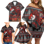 Personalized Bombers Football Christmas Family Matching Off Shoulder Short Dress and Hawaiian Shirt Australian Football Mascot - Ugly Xmas Pattern Festive