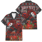 Personalized Bombers Football Christmas Family Matching Off Shoulder Short Dress and Hawaiian Shirt Australian Football Mascot - Ugly Xmas Pattern Festive