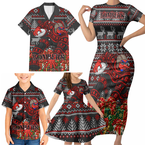 Personalized Bombers Football Christmas Family Matching Short Sleeve Bodycon Dress and Hawaiian Shirt Australian Football Mascot - Ugly Xmas Pattern Festive