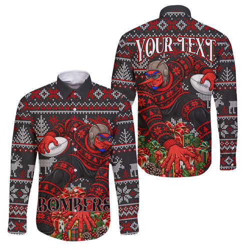 Personalized Bombers Football Christmas Family Matching Short Sleeve Bodycon Dress and Hawaiian Shirt Australian Football Mascot - Ugly Xmas Pattern Festive