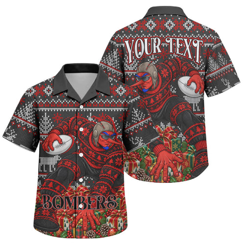 Personalized Bombers Football Christmas Family Matching Short Sleeve Bodycon Dress and Hawaiian Shirt Australian Football Mascot - Ugly Xmas Pattern Festive