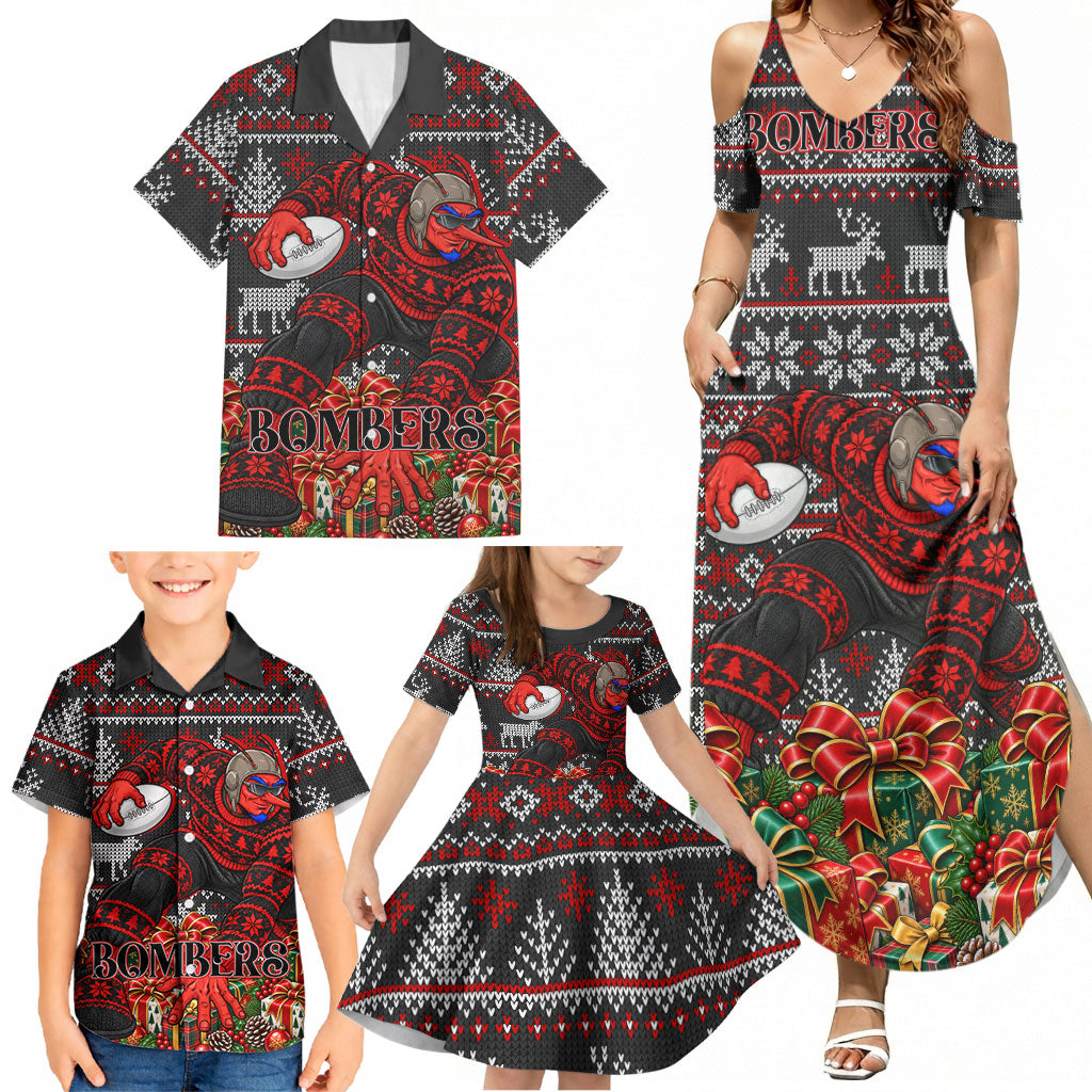 Personalized Bombers Football Christmas Family Matching Summer Maxi Dress and Hawaiian Shirt Australian Football Mascot - Ugly Xmas Pattern Festive