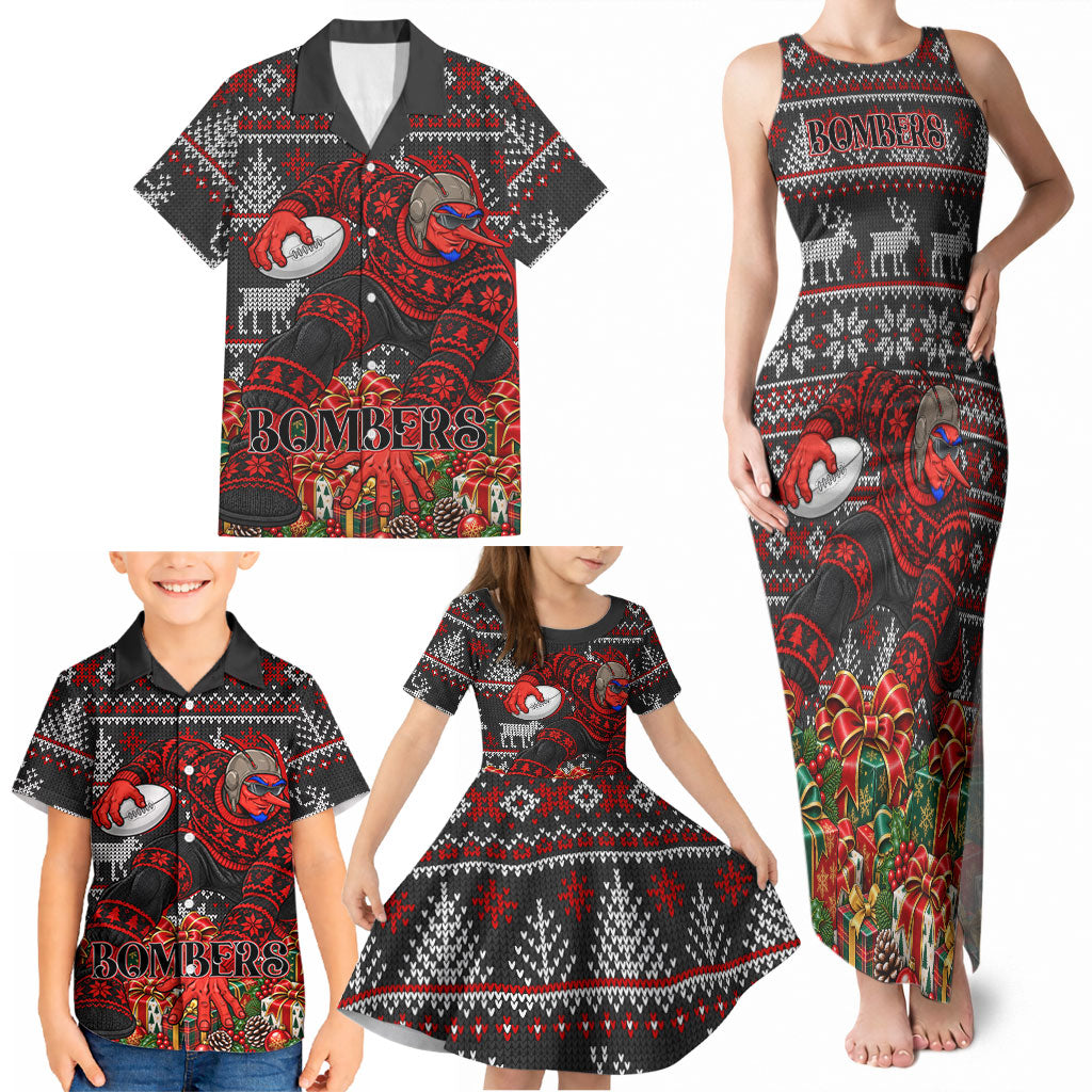 Personalized Bombers Football Christmas Family Matching Tank Maxi Dress and Hawaiian Shirt Australian Football Mascot - Ugly Xmas Pattern Festive