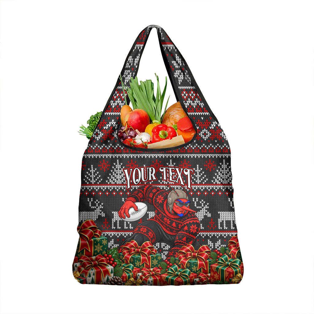 Personalized Bombers Football Christmas Grocery Bag Australian Football Mascot - Ugly Xmas Pattern Festive