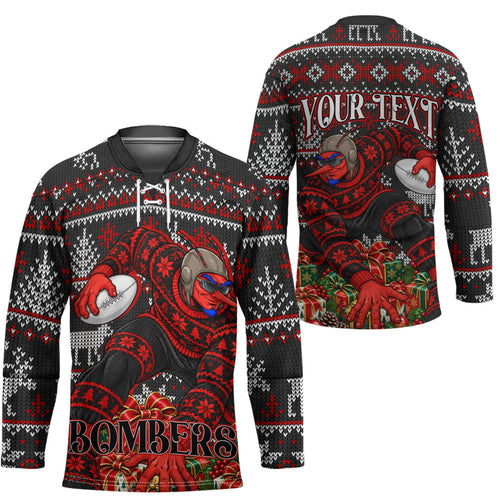 Personalized Bombers Football Christmas Hockey Jersey Australian Football Mascot - Ugly Xmas Pattern Festive