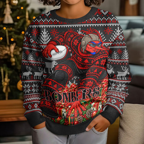 Personalized Bombers Football Christmas Kid Ugly Christmas Sweater Australian Football Mascot - Ugly Xmas Pattern Festive