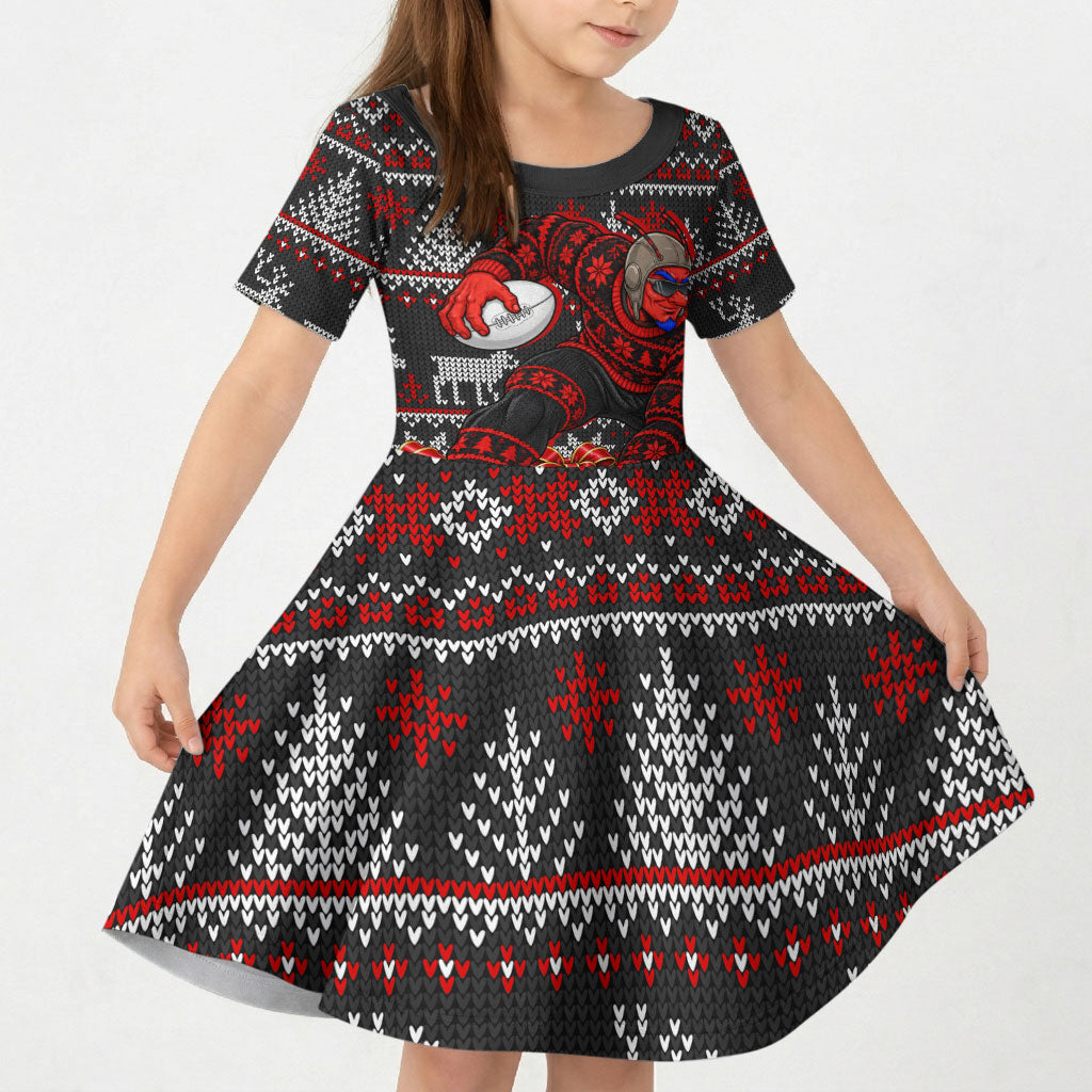 Personalized Bombers Football Christmas Kid Short Sleeve Dress Australian Football Mascot - Ugly Xmas Pattern Festive