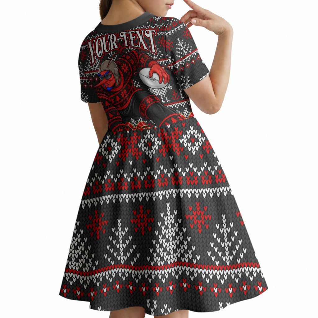 Personalized Bombers Football Christmas Kid Short Sleeve Dress Australian Football Mascot - Ugly Xmas Pattern Festive