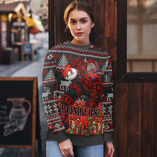 Personalized Bombers Football Christmas Ugly Christmas Sweater Australian Football Mascot - Ugly Xmas Pattern Festive