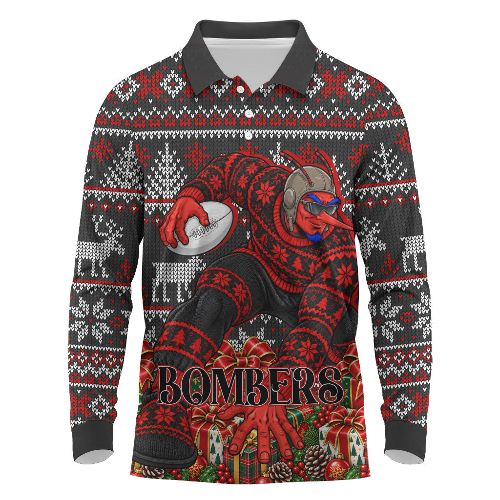 Personalized Bombers Football Christmas Long Sleeve Polo Shirt Australian Football Mascot - Ugly Xmas Pattern Festive