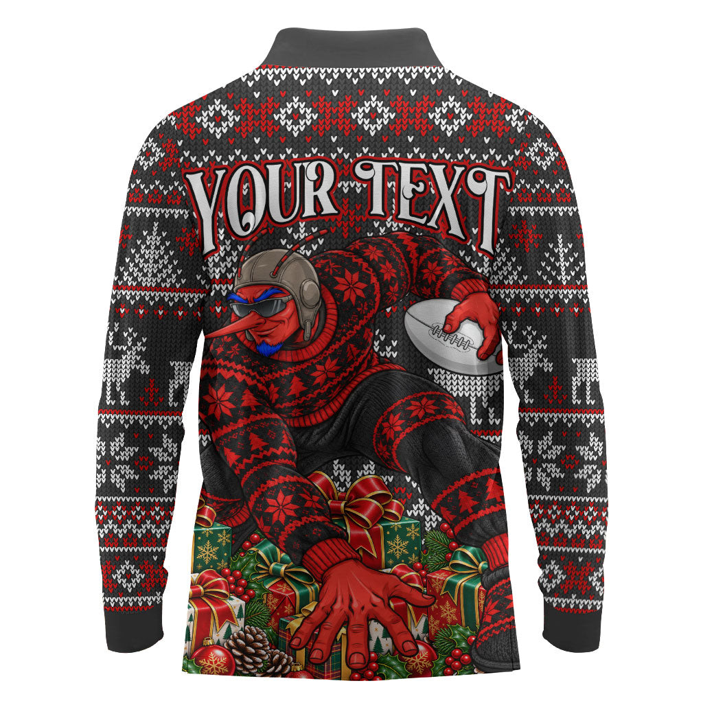 Personalized Bombers Football Christmas Long Sleeve Polo Shirt Australian Football Mascot - Ugly Xmas Pattern Festive