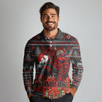 Personalized Bombers Football Christmas Long Sleeve Polo Shirt Australian Football Mascot - Ugly Xmas Pattern Festive