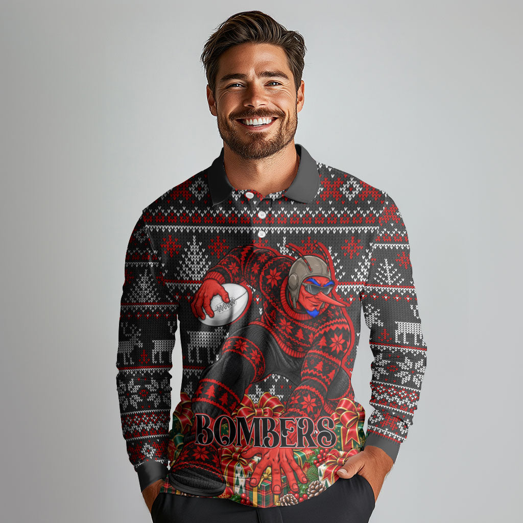 Personalized Bombers Football Christmas Long Sleeve Polo Shirt Australian Football Mascot - Ugly Xmas Pattern Festive