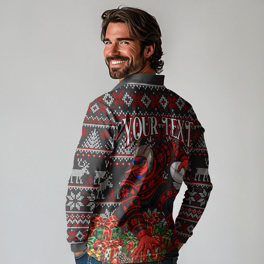 Personalized Bombers Football Christmas Long Sleeve Polo Shirt Australian Football Mascot - Ugly Xmas Pattern Festive