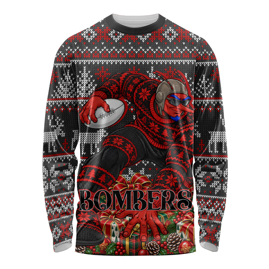 Personalized Bombers Football Christmas Long Sleeve Shirt Australian Football Mascot - Ugly Xmas Pattern Festive