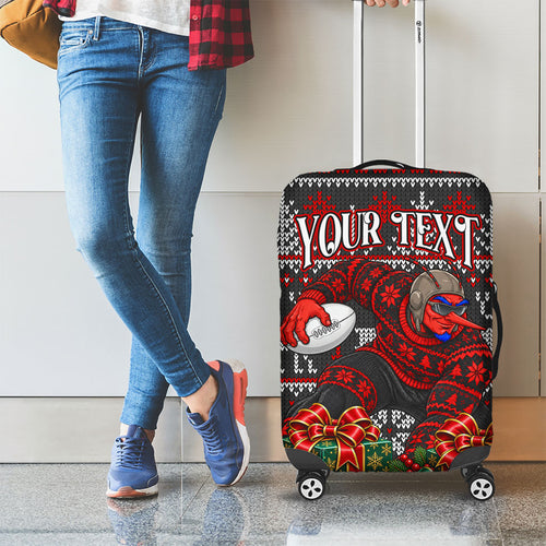 Personalized Bombers Football Christmas Luggage Cover Australian Football Mascot - Ugly Xmas Pattern Festive