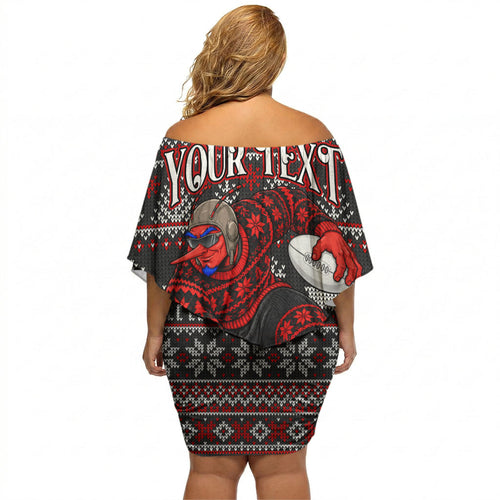 Personalized Bombers Football Christmas Off Shoulder Short Dress Australian Football Mascot - Ugly Xmas Pattern Festive