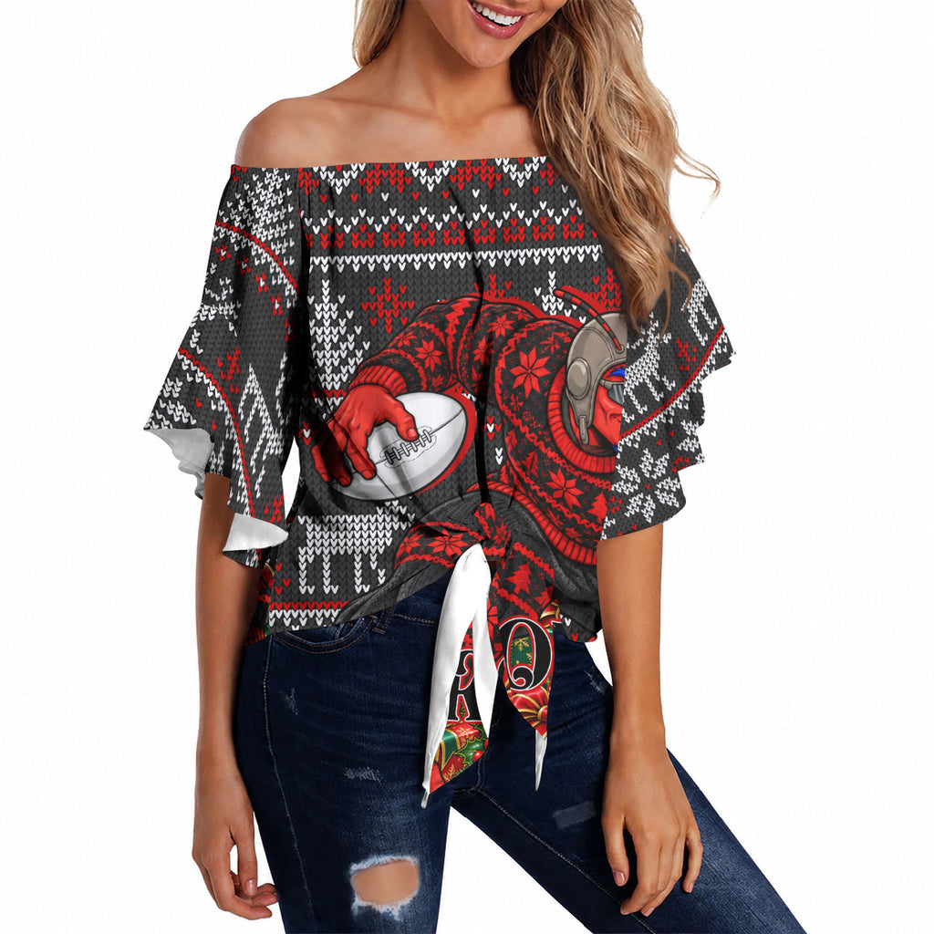 Personalized Bombers Football Christmas Off Shoulder Wrap Waist Top Australian Football Mascot - Ugly Xmas Pattern Festive