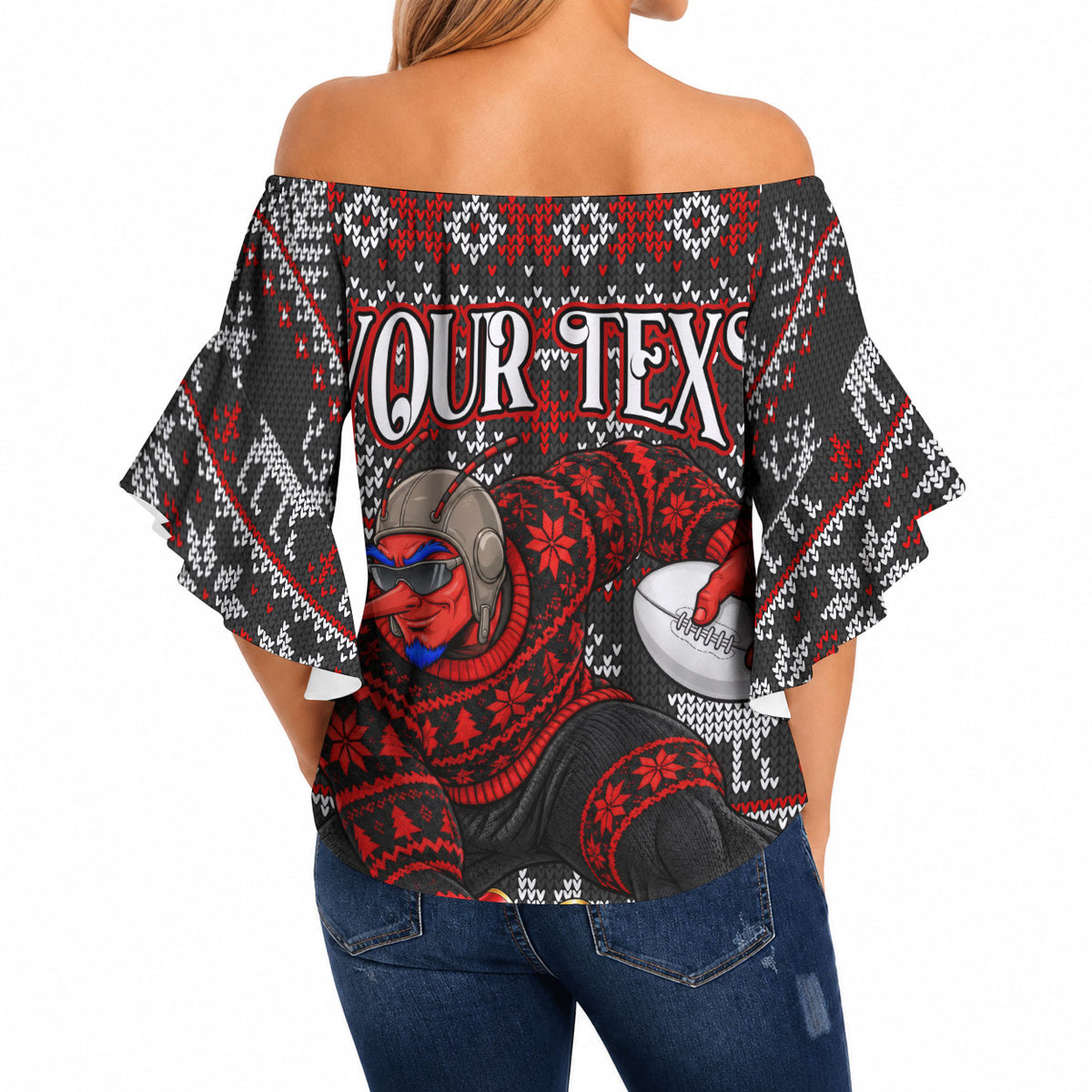 Personalized Bombers Football Christmas Off Shoulder Wrap Waist Top Australian Football Mascot - Ugly Xmas Pattern Festive