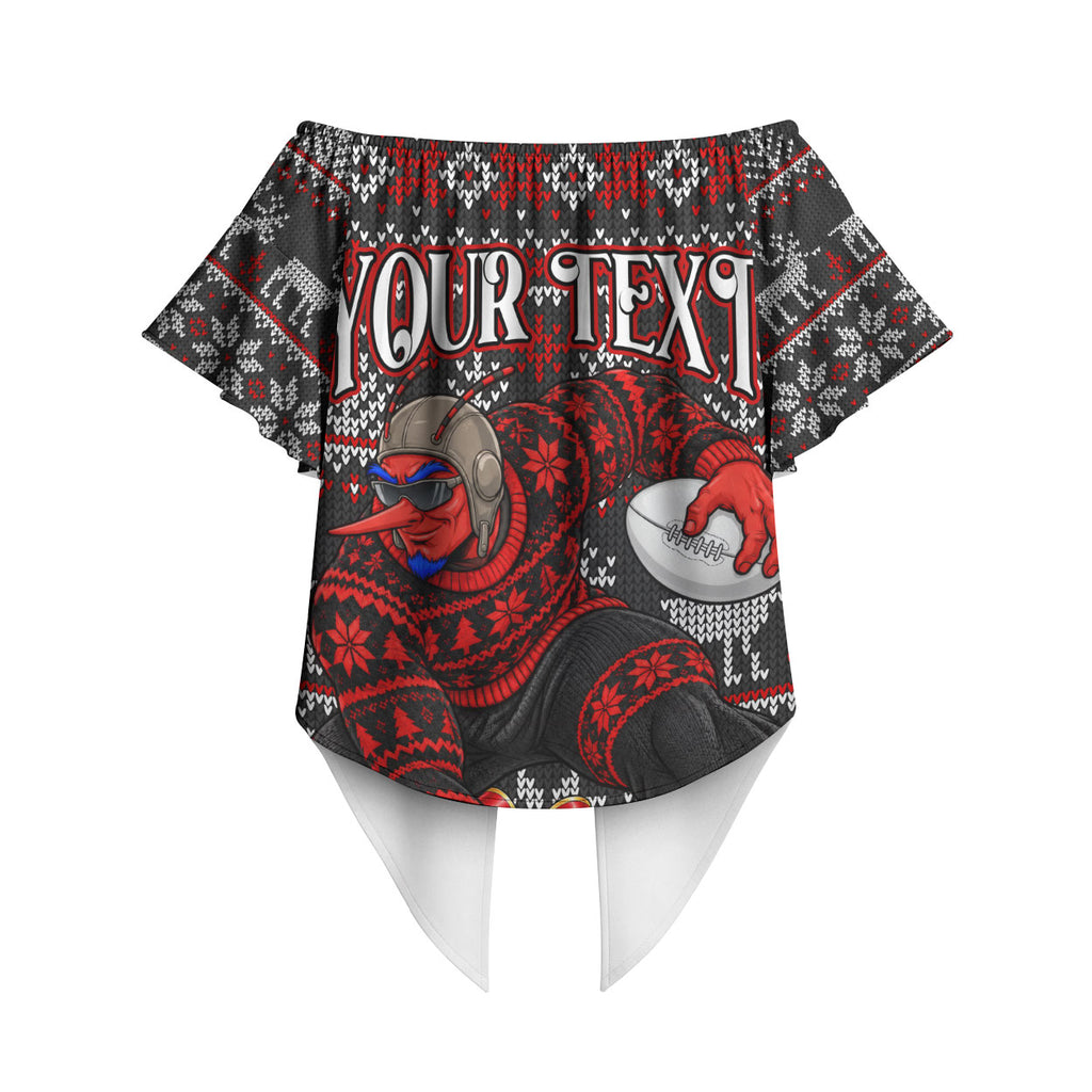 Personalized Bombers Football Christmas Off Shoulder Wrap Waist Top Australian Football Mascot - Ugly Xmas Pattern Festive