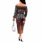 Personalized Bombers Football Christmas Off The Shoulder Long Sleeve Dress Australian Football Mascot - Ugly Xmas Pattern Festive