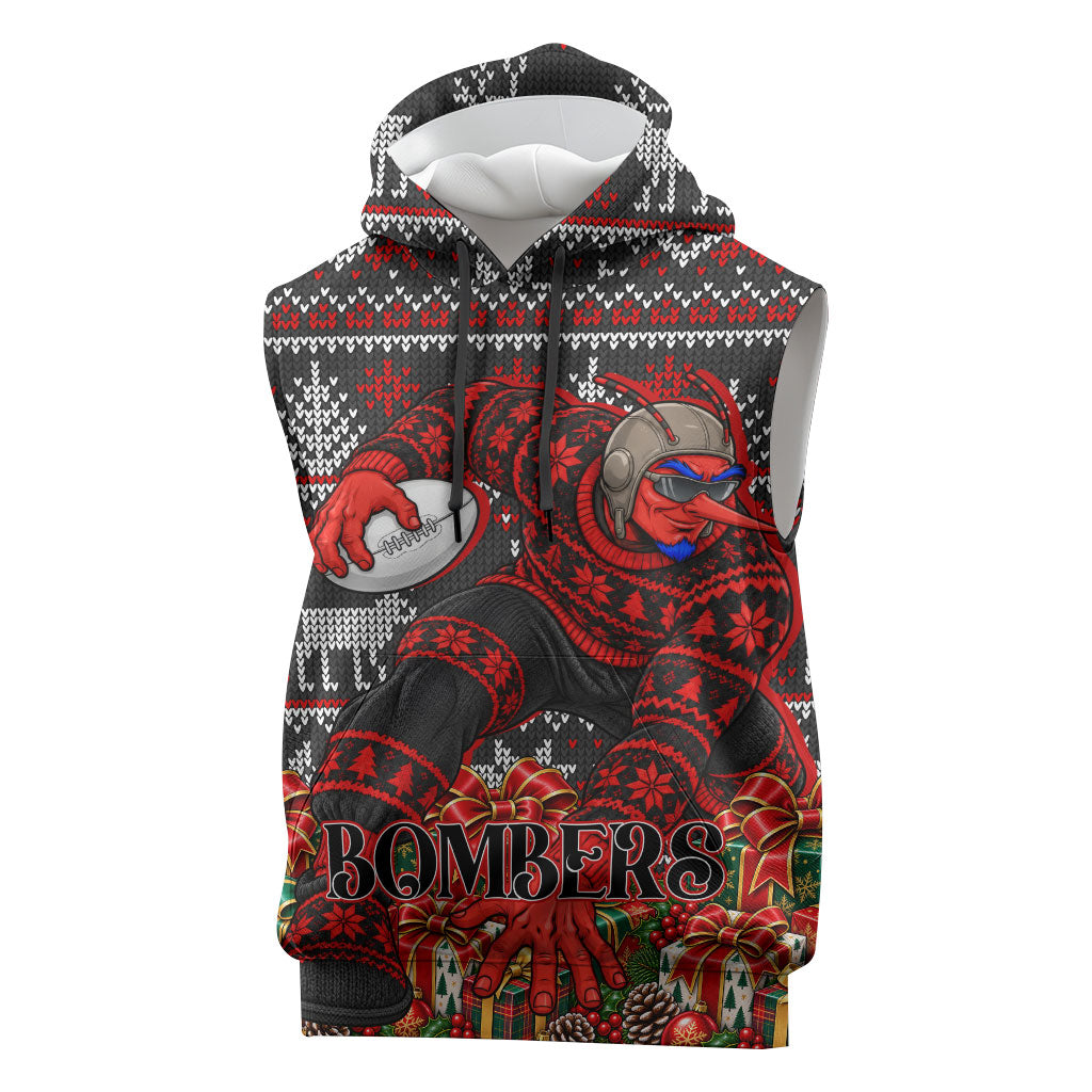 Personalized Bombers Football Christmas Sleeveless Hoodie Australian Football Mascot - Ugly Xmas Pattern Festive
